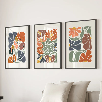 Boho Botanical Set of 3 Wall Art. Abstract Flowers Prints