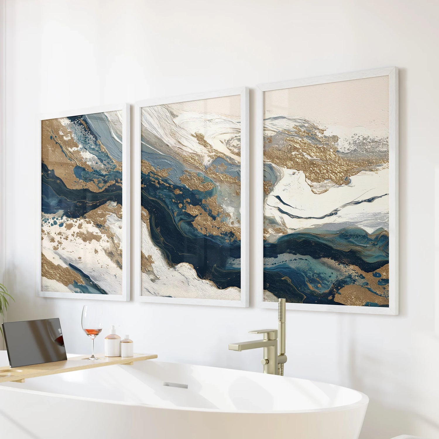 Gold &amp; Blue Brush Strokes. Luxury 3 Piece Abstract Wall Art