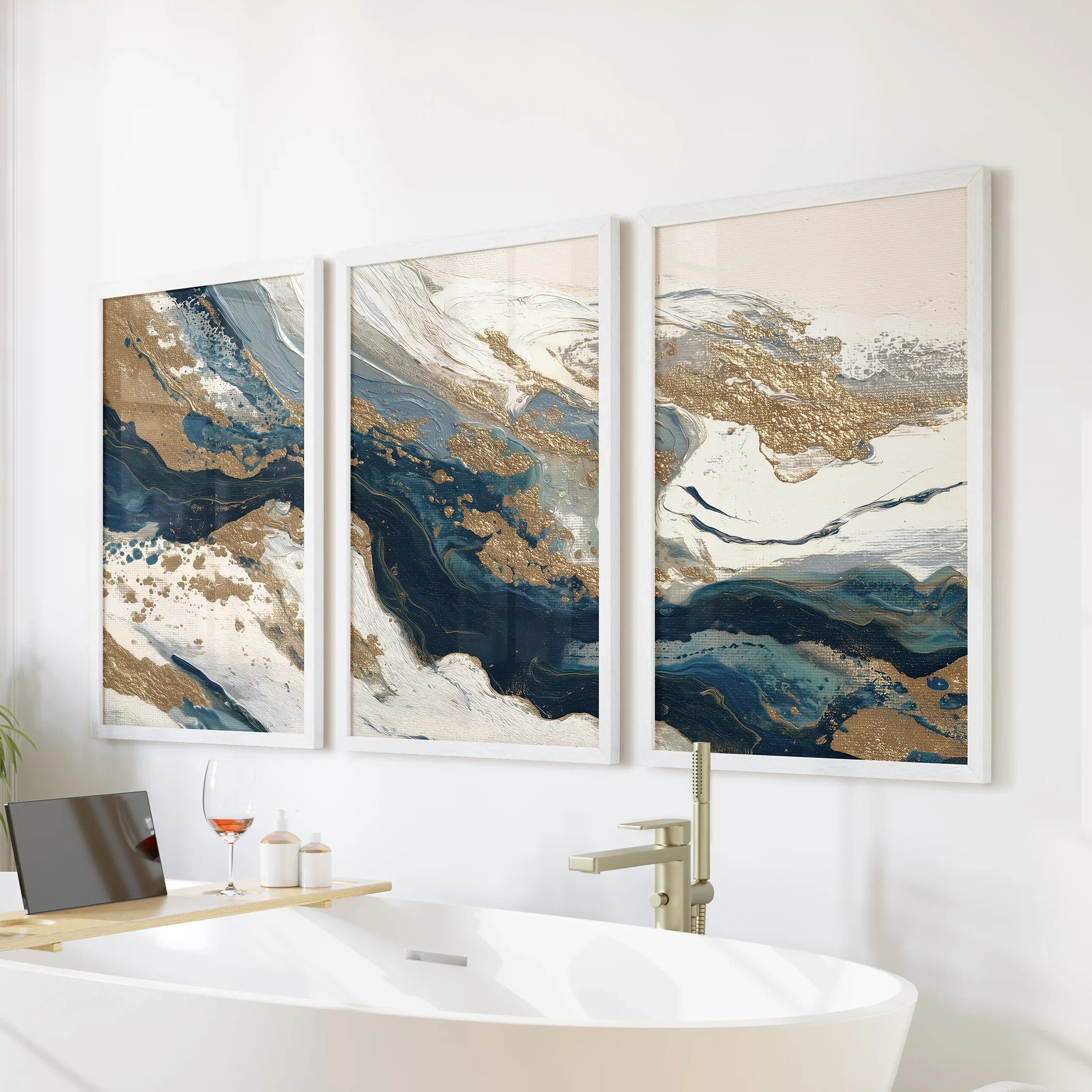 Gold &amp; Blue Brush Strokes. Luxury 3 Piece Abstract Wall Art