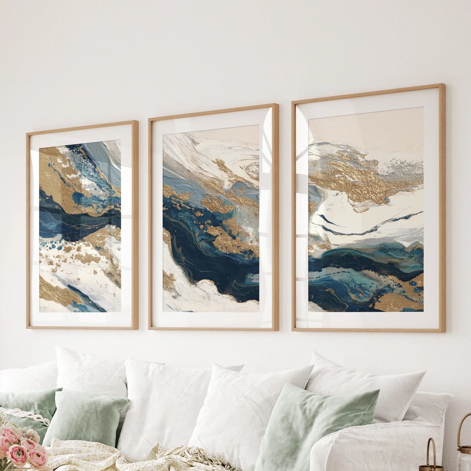 Gold &amp; Blue Brush Strokes. Luxury 3 Piece Abstract Wall Art