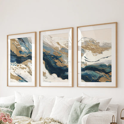 Gold &amp; Blue Brush Strokes. Luxury 3 Piece Abstract Wall Art