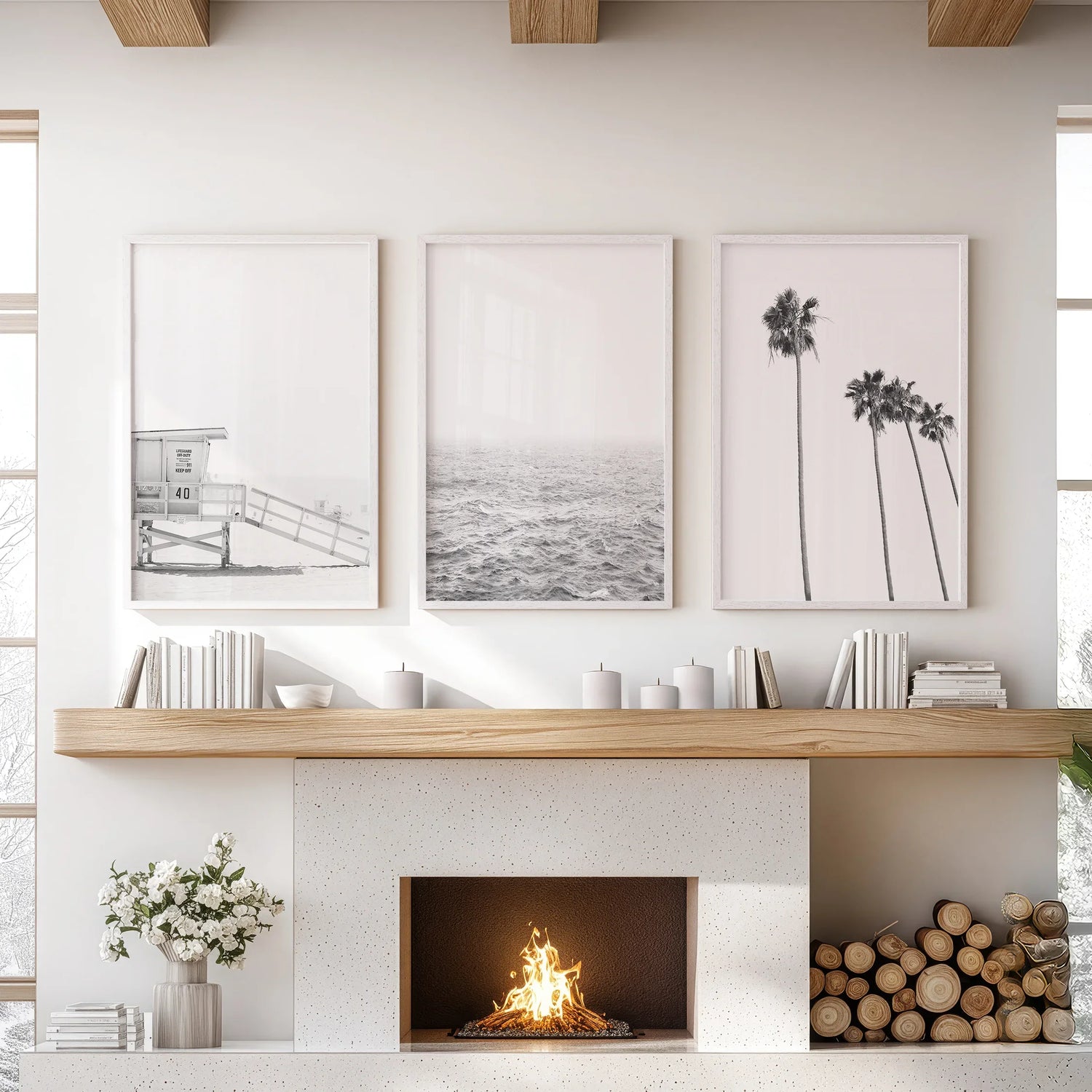 Black White Coastal Wall Art Set: Palms, Ocean, Lifeguard