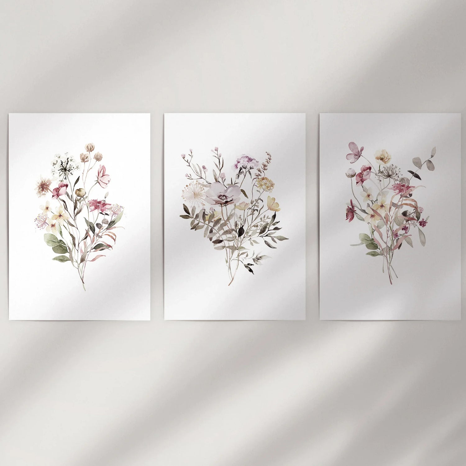 Floral Art Set of 3. Watercolor Wildflower Bouquet Prints