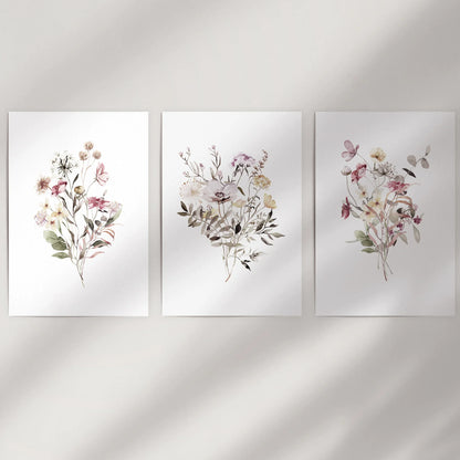 Floral Art Set of 3. Watercolor Wildflower Bouquet Prints