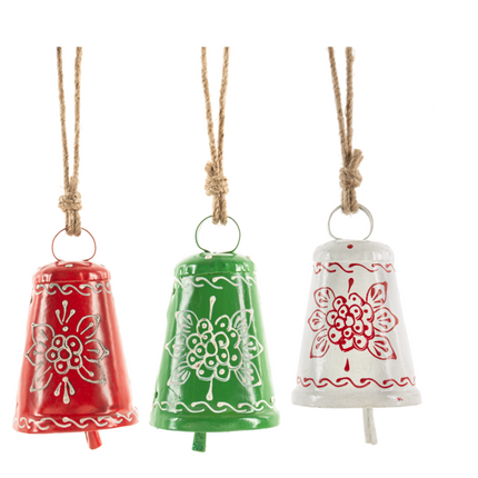 Red, Green & White Bell Ornaments (3pc.)