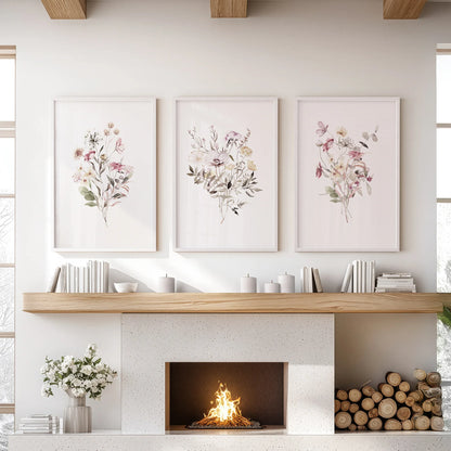 Floral Art Set of 3. Watercolor Wildflower Bouquet Prints
