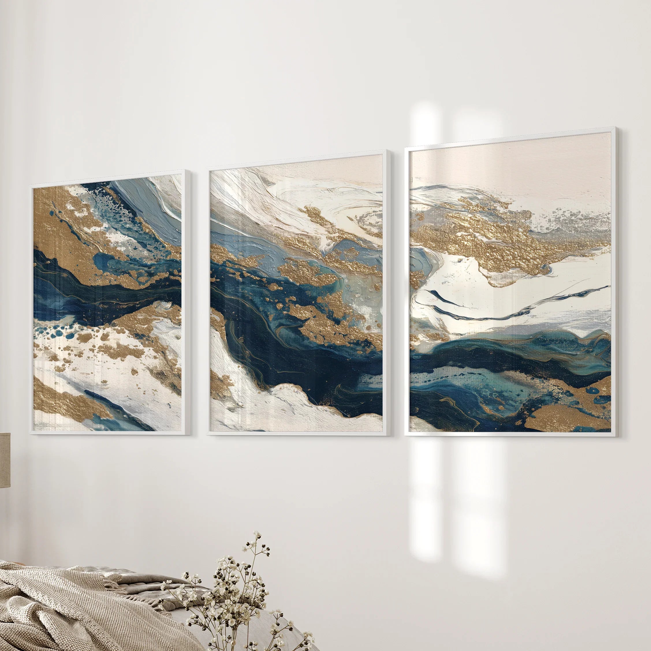 Gold &amp; Blue Brush Strokes. Luxury 3 Piece Abstract Wall Art