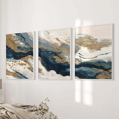 Gold &amp; Blue Brush Strokes. Luxury 3 Piece Abstract Wall Art