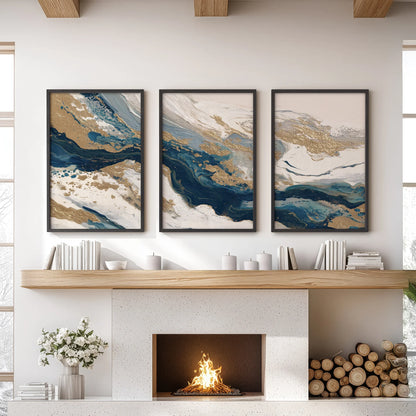 Gold &amp; Blue Brush Strokes. Luxury 3 Piece Abstract Wall Art