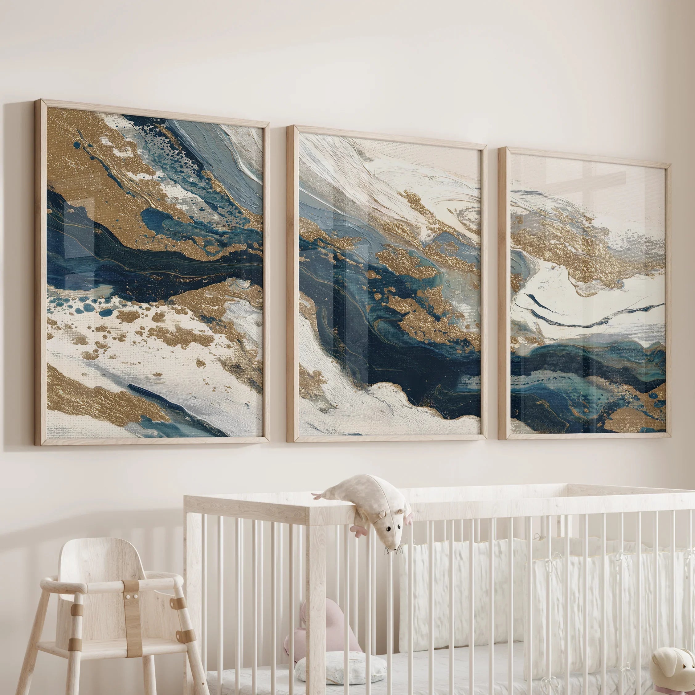 Gold &amp; Blue Brush Strokes. Luxury 3 Piece Abstract Wall Art
