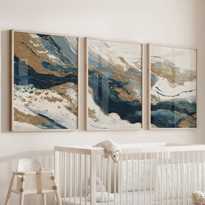 Gold &amp; Blue Brush Strokes. Luxury 3 Piece Abstract Wall Art
