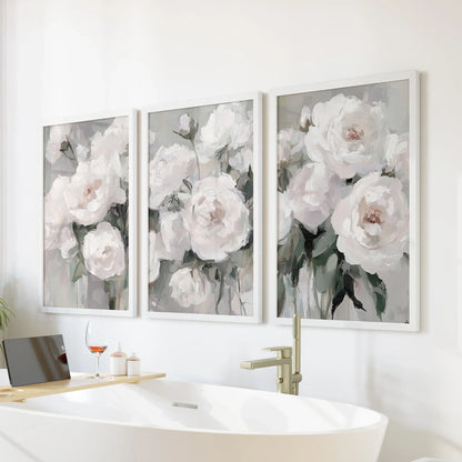 Romantic White Flower 3 Piece Wall Art. Peony Painting Print