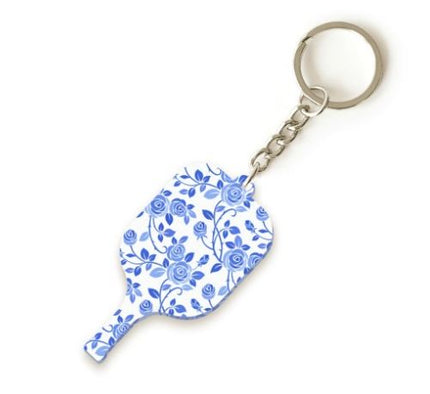 Blue Floral Pickleball Paddle Keychain