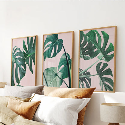 Pink Botanical 3 Piece Wall Art. Green Monstera Leaves Print