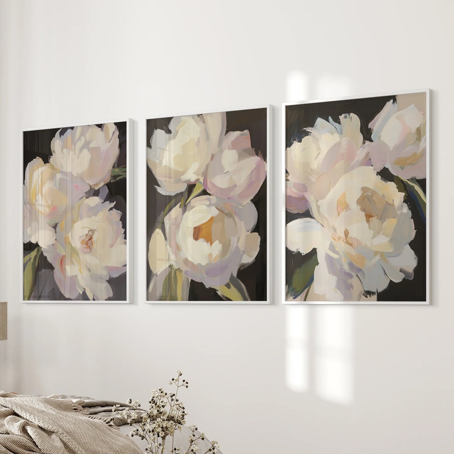 Moody Pink and White Peonies Art. Floral Set of 3 Prints
