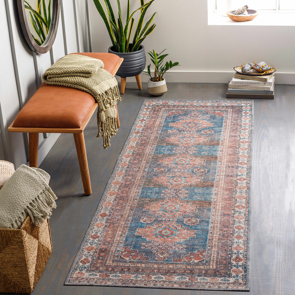 Baltinglass Rust &amp; Blue Washable Area Rug - Clearance