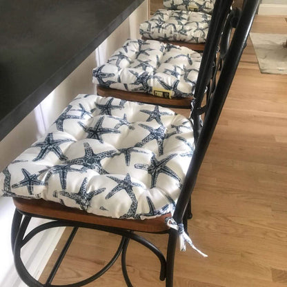 Sea Shore Starfish Navy Blue Indoor / Outdoor Dining Chair Pads &amp; Patio Cushions