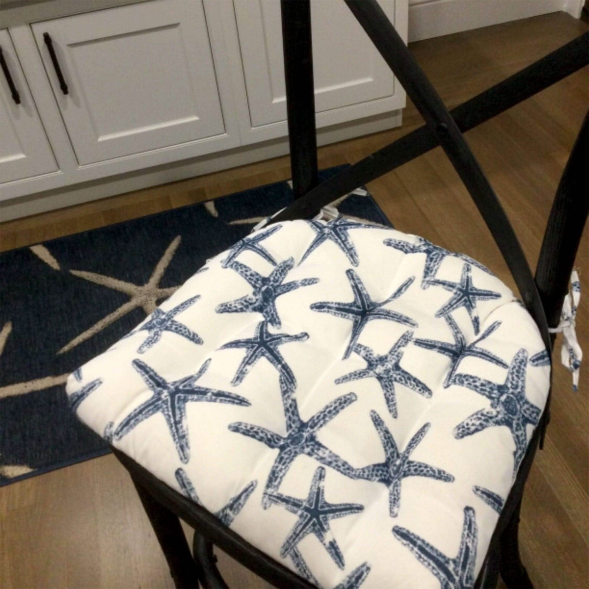Sea Shore Starfish Navy Blue Indoor / Outdoor Dining Chair Pads &amp; Patio Cushions