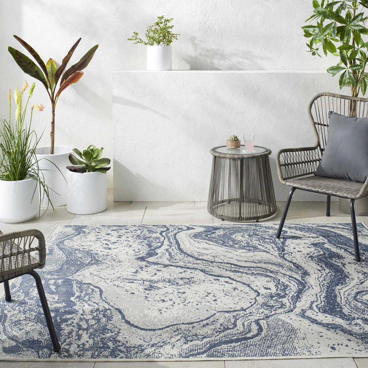 Basma Blue Marble Outdoor Area Rug - Clearance