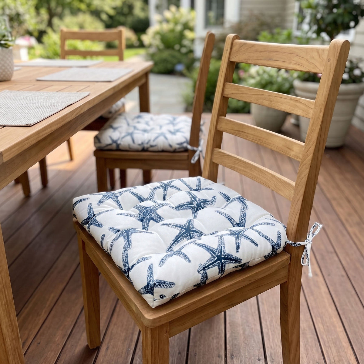 Sea Shore Starfish Navy Blue Indoor / Outdoor Dining Chair Pads &amp; Patio Cushions