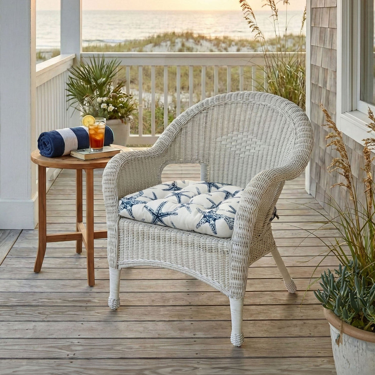 Sea Shore Starfish Navy Blue Indoor / Outdoor Dining Chair Pads &amp; Patio Cushions