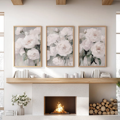 Romantic White Flower 3 Piece Wall Art. Peony Painting Print