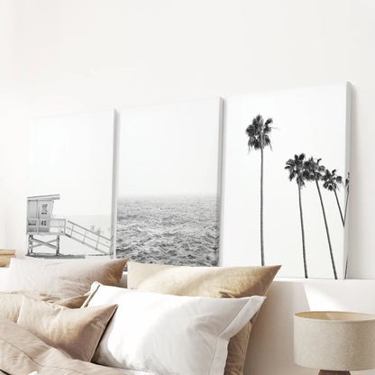 Black White Coastal Wall Art Set: Palms, Ocean, Lifeguard