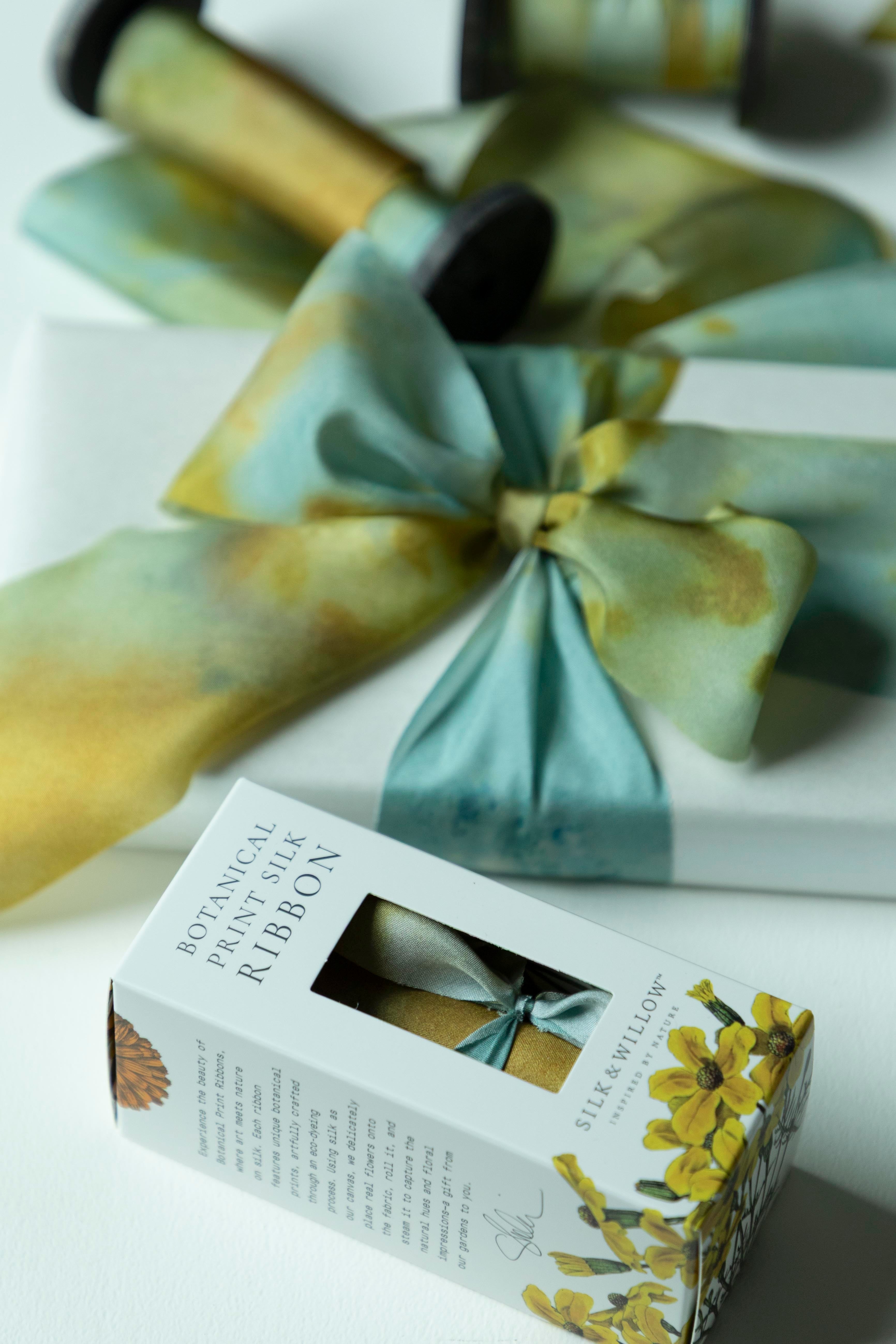 Teal Marigold Botanical Print Silk ribbon