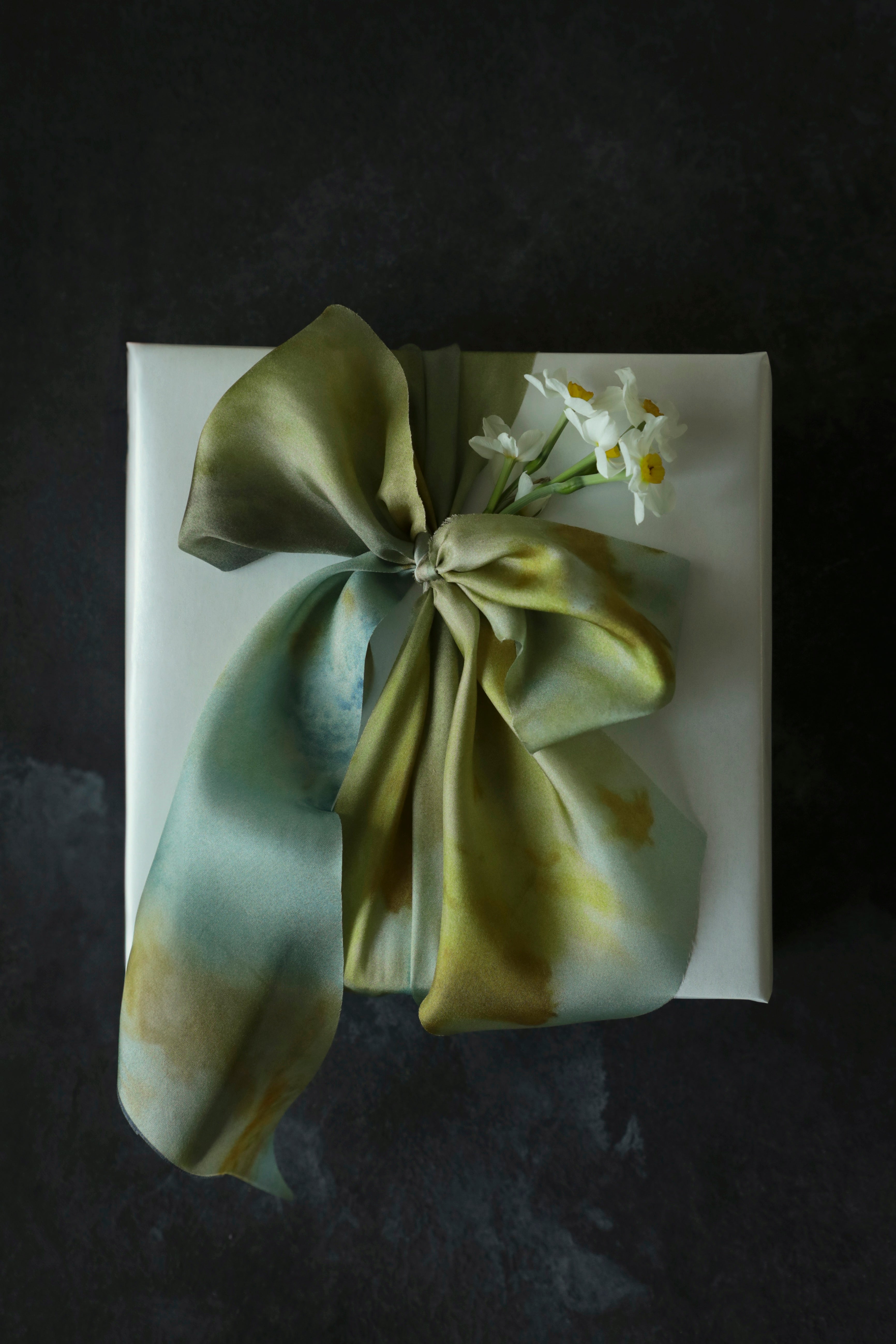 Teal Marigold Botanical Print Silk ribbon