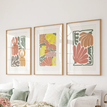 Boho Chic Botanical Decor. Set of 3 Abstract Flowers Prints