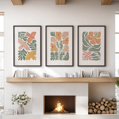 Abstract Botanical Set of 3 Prints. Retro Flower Gallery Art