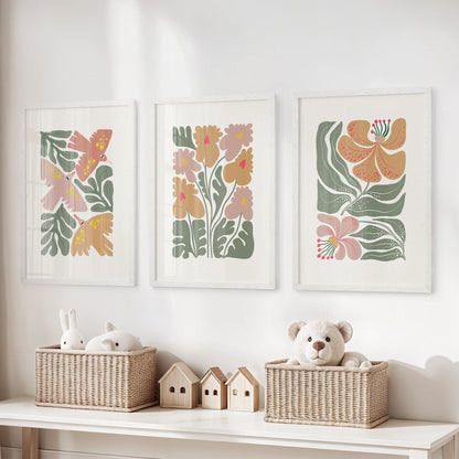 Abstract Botanical Set of 3 Prints. Retro Flower Gallery Art