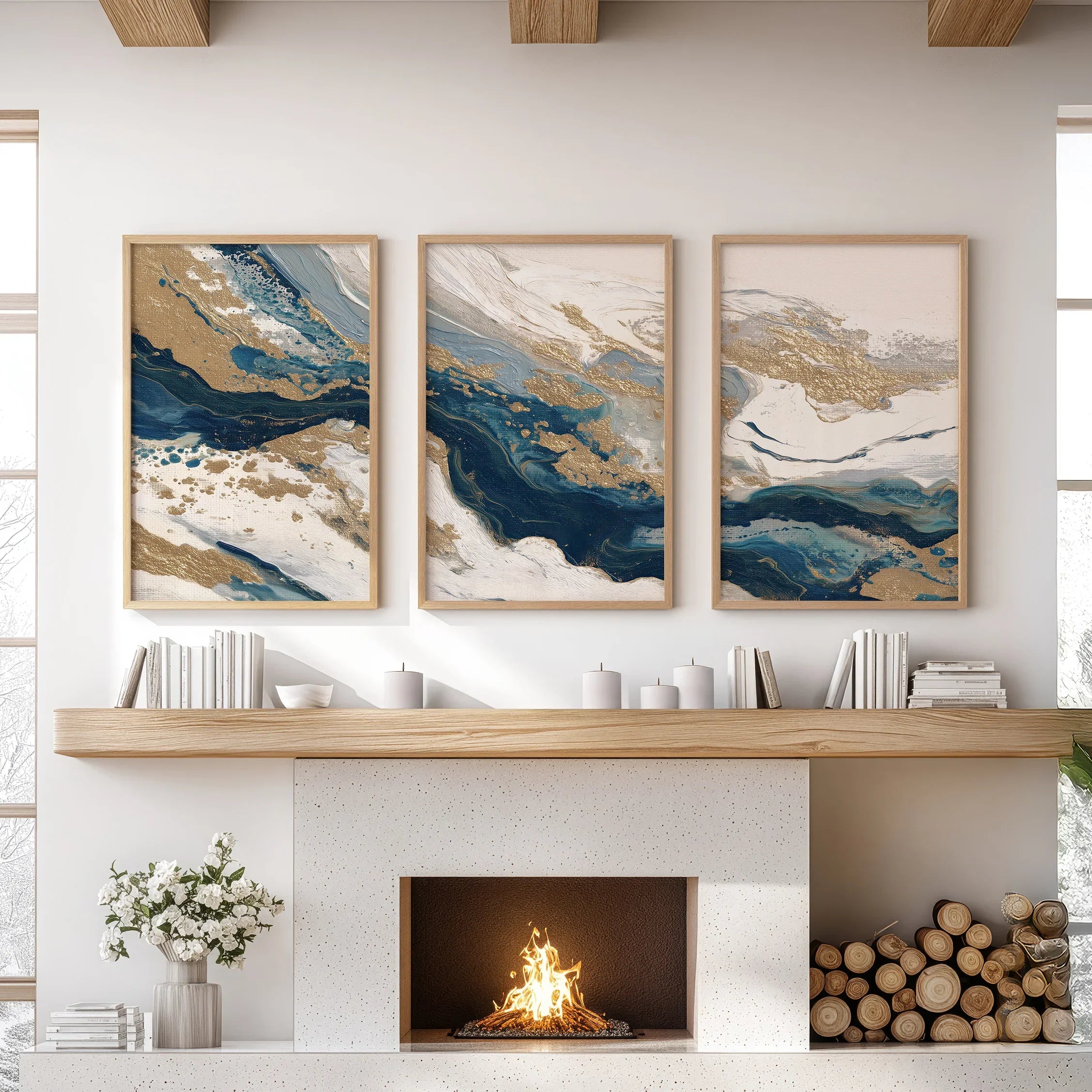 Gold &amp; Blue Brush Strokes. Luxury 3 Piece Abstract Wall Art