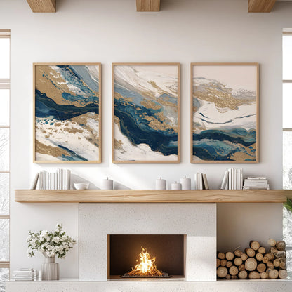 Gold &amp; Blue Brush Strokes. Luxury 3 Piece Abstract Wall Art