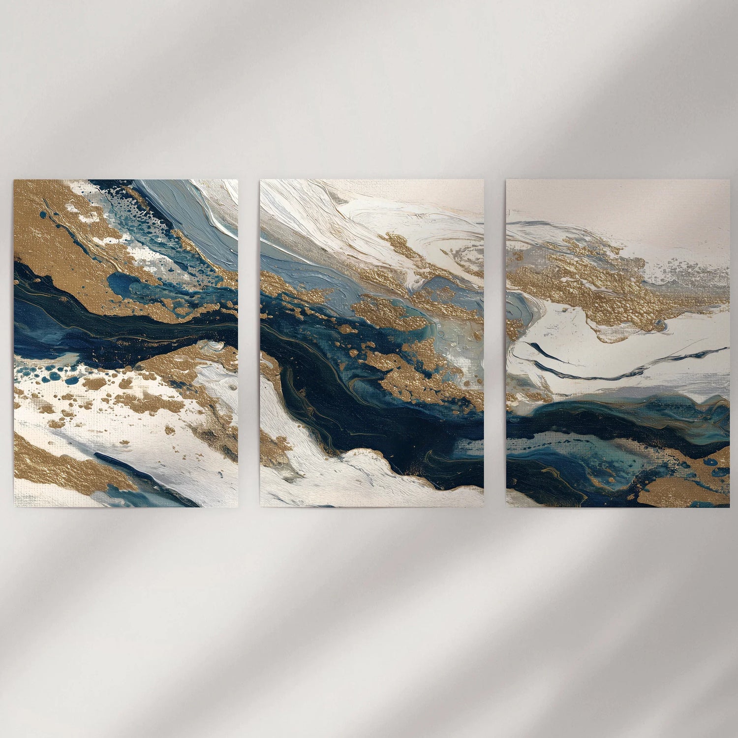 Gold &amp; Blue Brush Strokes. Luxury 3 Piece Abstract Wall Art