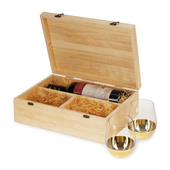 Wood Wine Box with Set of 2 Stemless Glasses