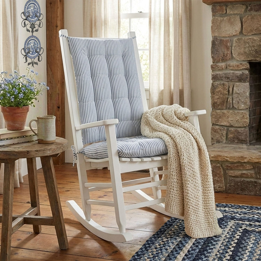 Ticking Stripe Navy Blue Rocking Chair Cushions - Made in USA - 100% Cotton
