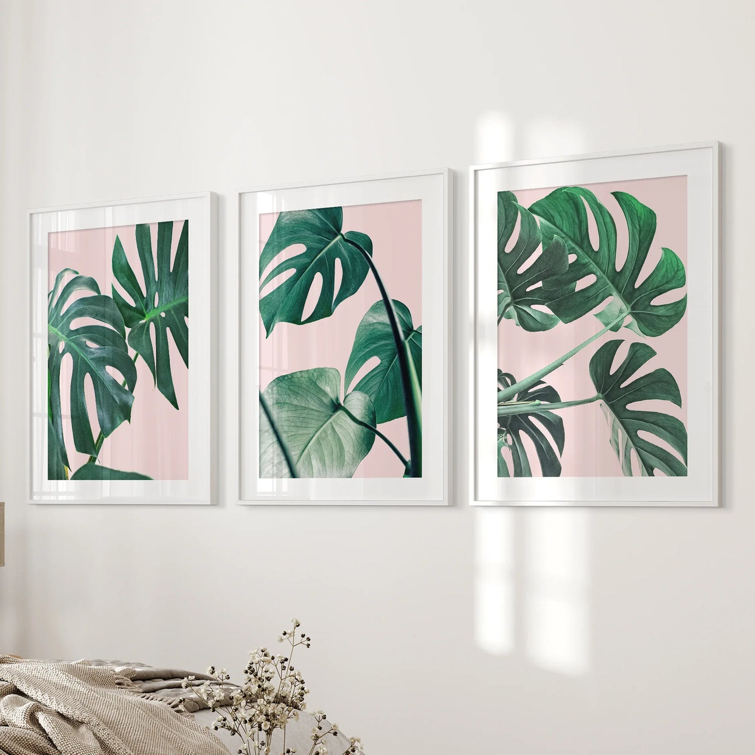 Pink Botanical 3 Piece Wall Art. Green Monstera Leaves Print