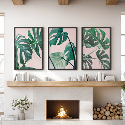 Pink Botanical 3 Piece Wall Art. Green Monstera Leaves Print