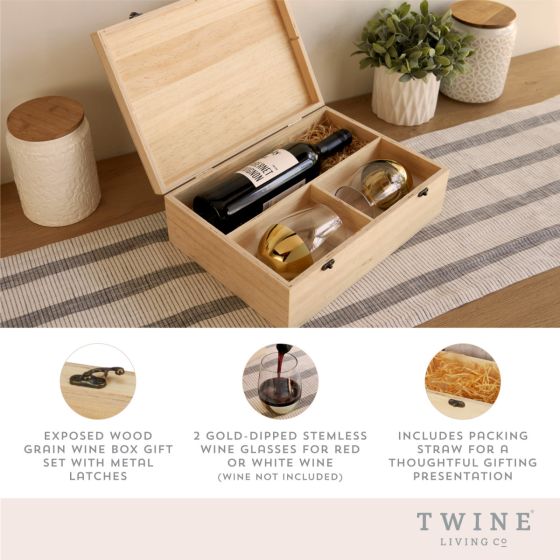 Wood Wine Box with Set of 2 Stemless Glasses