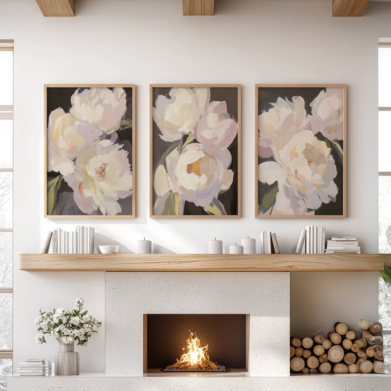 Moody Pink and White Peonies Art. Floral Set of 3 Prints