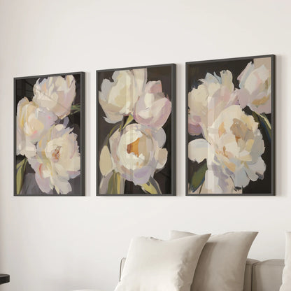 Moody Pink and White Peonies Art. Floral Set of 3 Prints