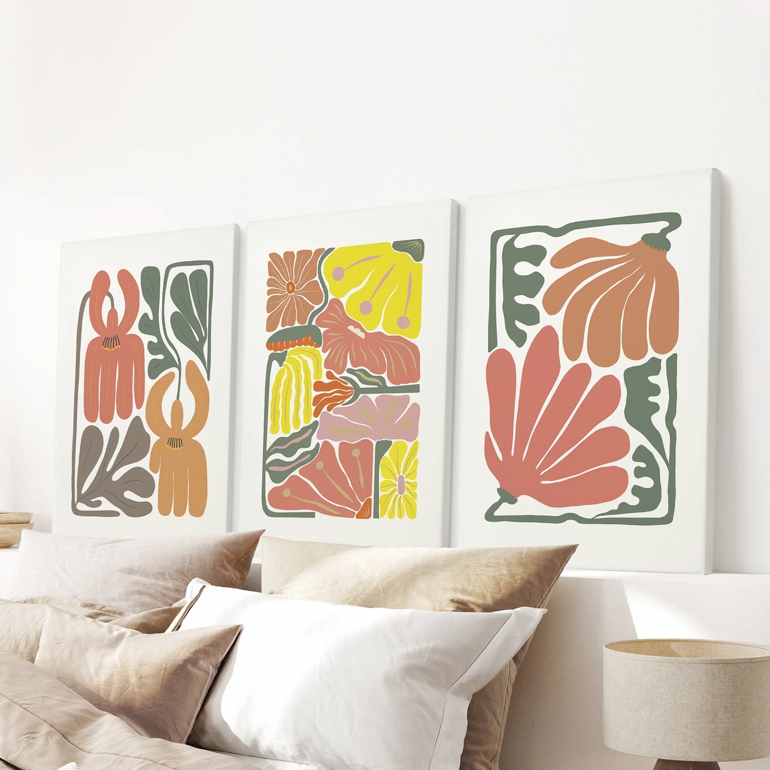 Boho Chic Botanical Decor. Set of 3 Abstract Flowers Prints