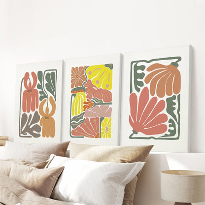 Boho Chic Botanical Decor. Set of 3 Abstract Flowers Prints