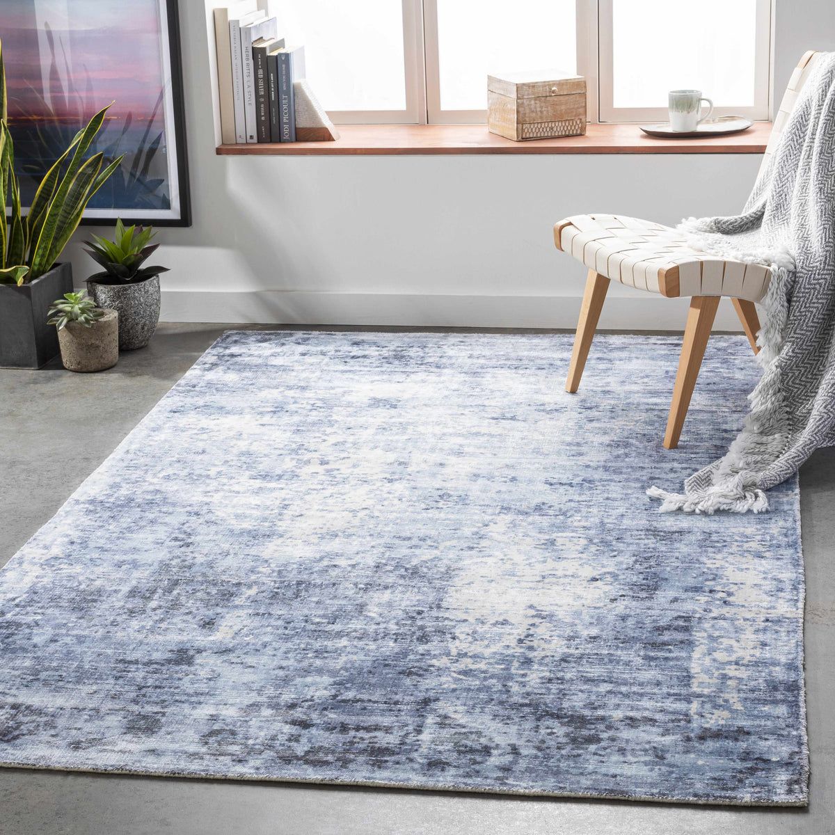 Wardle Abstract Blue/White Viscose Rug - Clearance