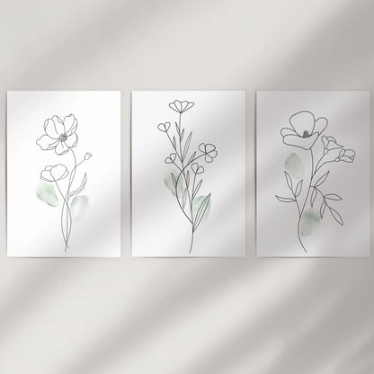 Modern Botanical Line Art Decor. 3 Piece Floral Print Set