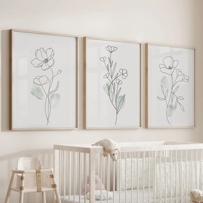Modern Botanical Line Art Decor. 3 Piece Floral Print Set