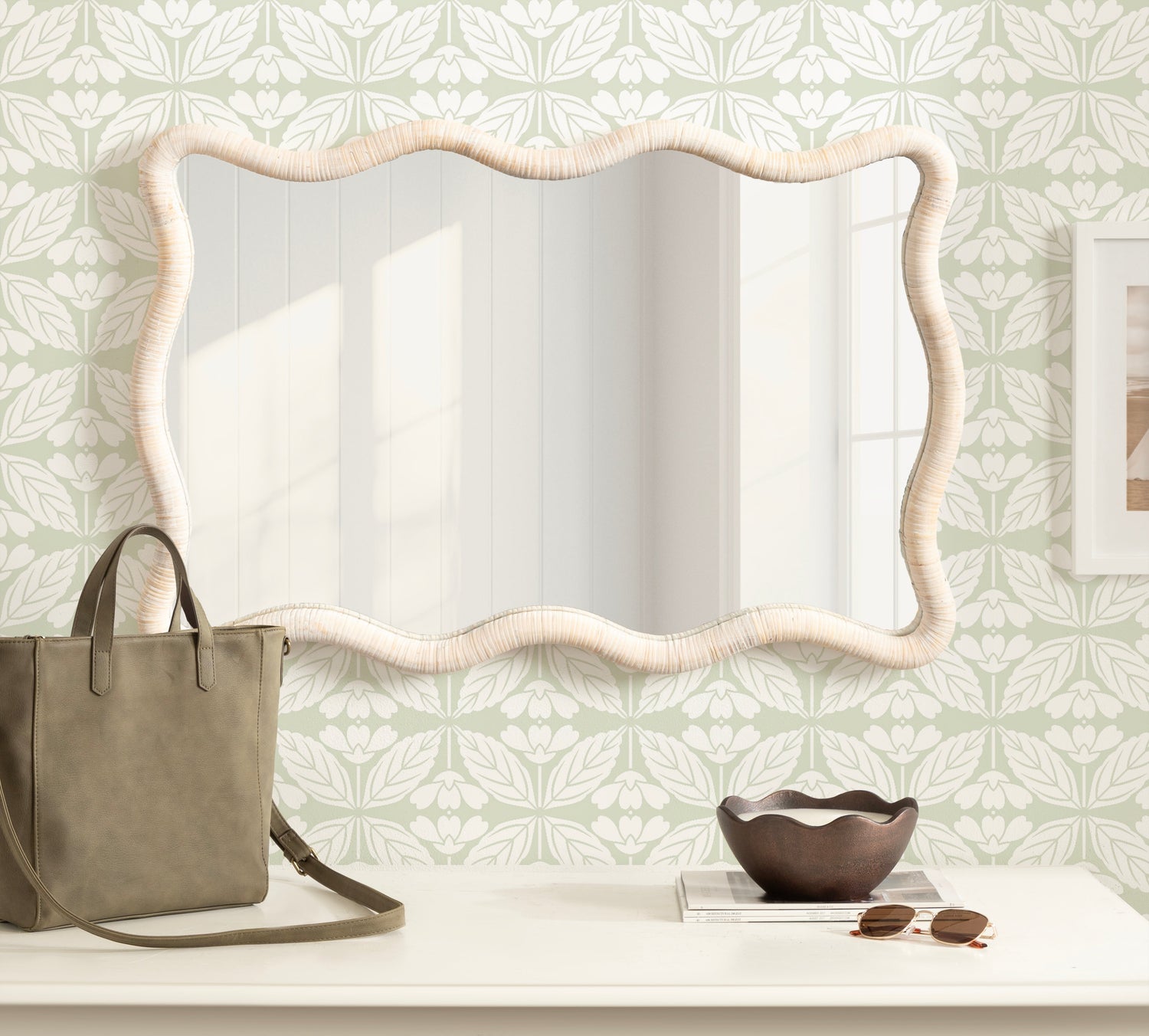 Rahfy Rattan Rectangle Scallop Mirror