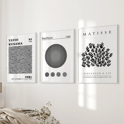Black White Kusama, Matisse, Bauhaus Posters. Art Set of 3