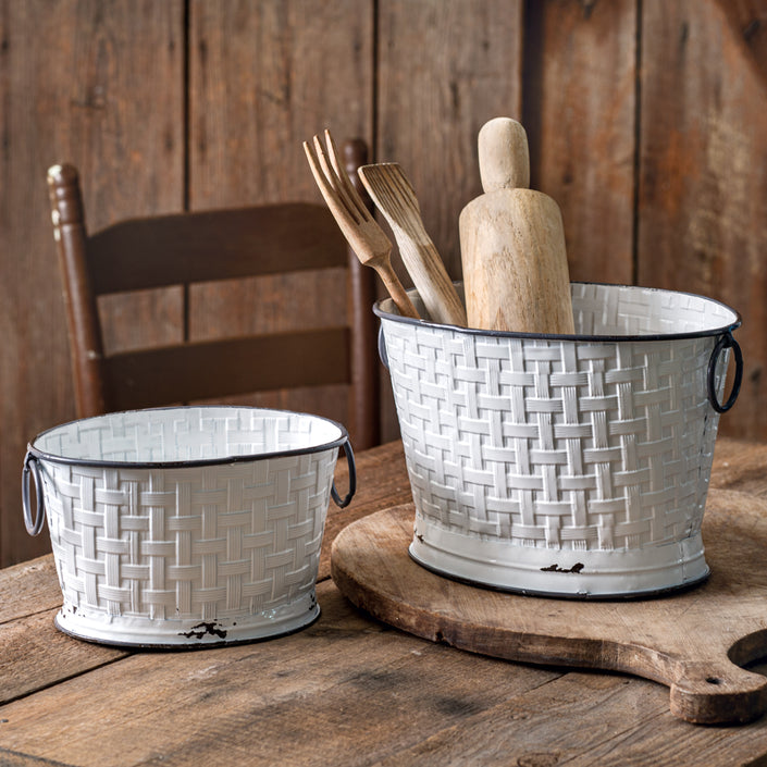 Set of Two Basket Weave Oval Buckets